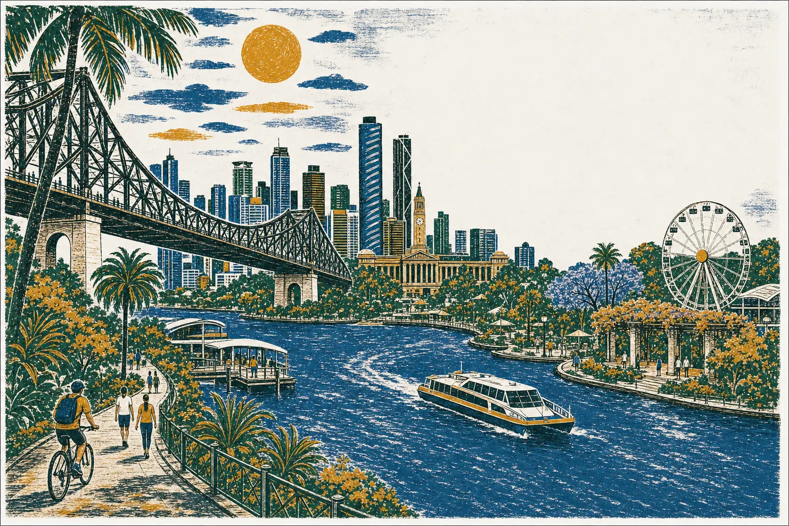 An illustrated view of Brisbane city, the river, Story Bridge, and South Bank