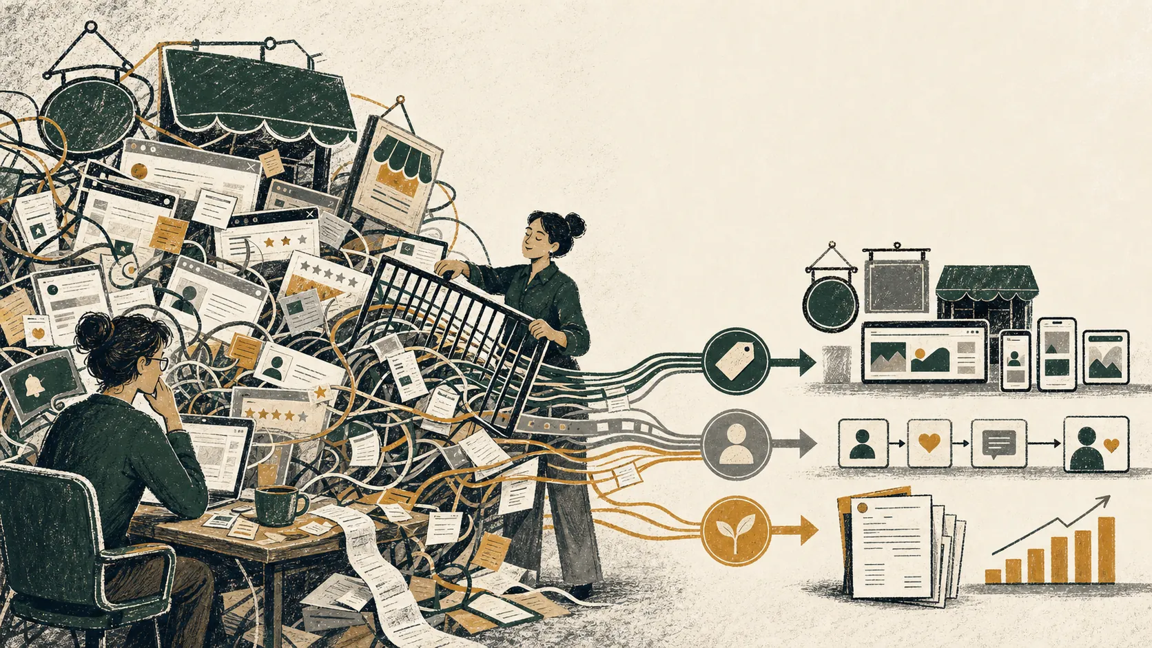 A team sorting tangled business activity into clear brand, customer, and growth systems
