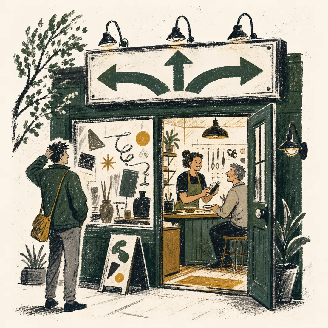 A customer discovering a welcoming local business beneath a sign pointing in several directions