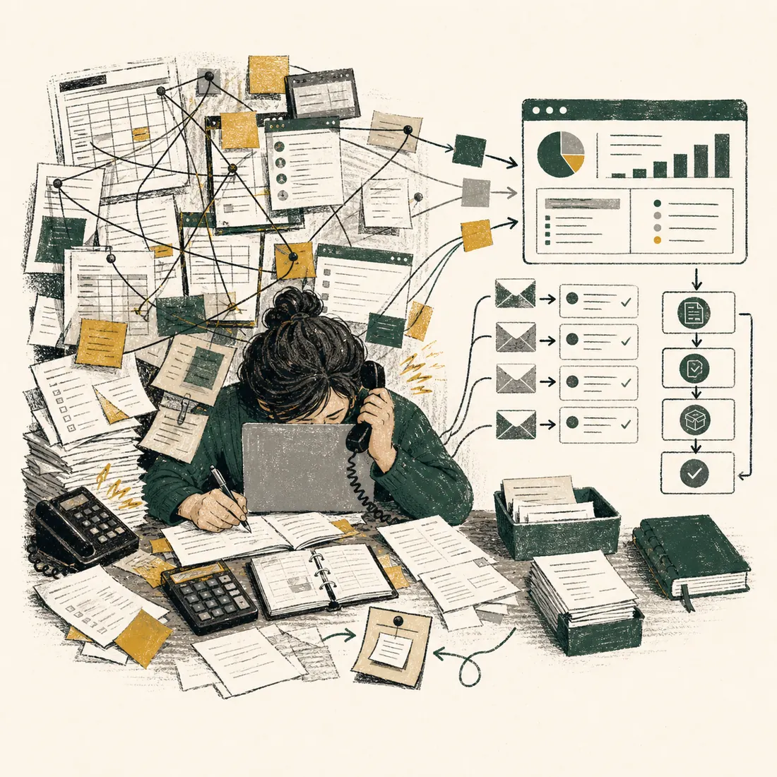 An illustrated business owner surrounded by repetitive manual work