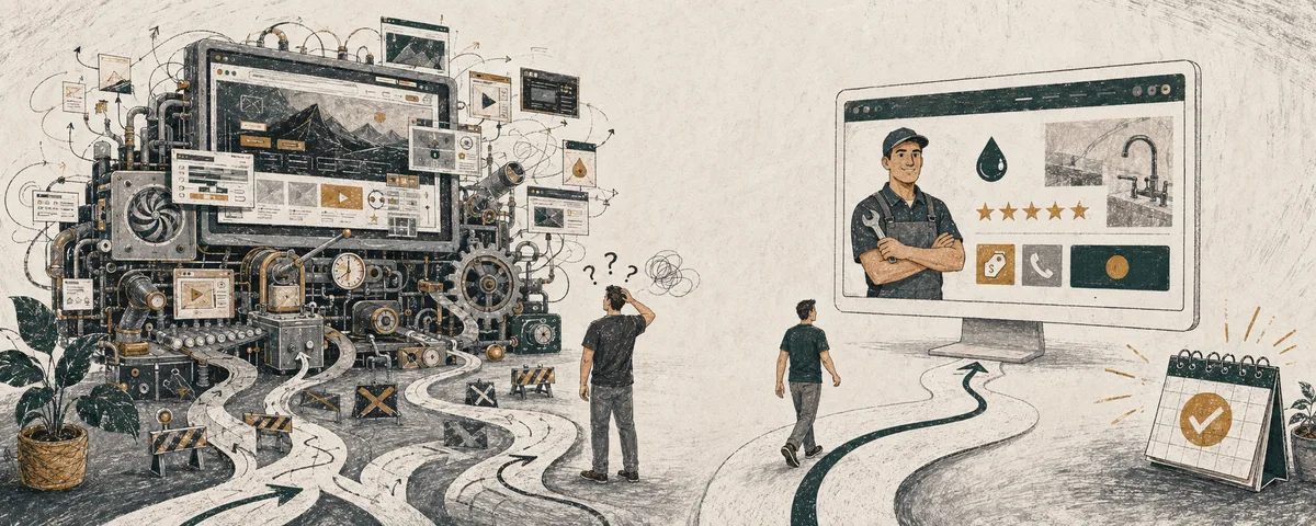 A small-business owner chooses a clear, useful website path instead of an oversized complicated website machine.