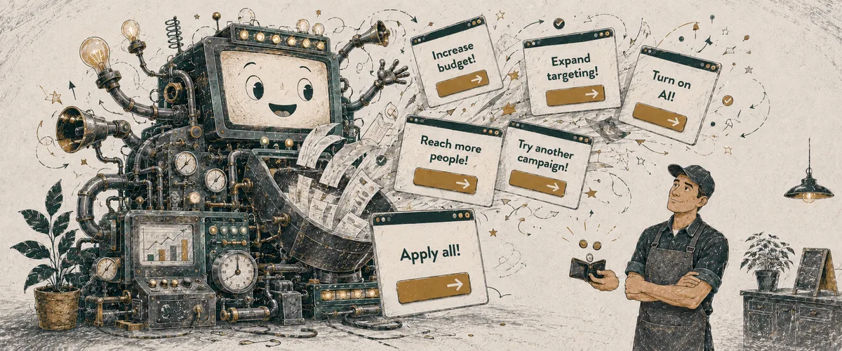 A cheerful advertising machine overwhelms a sceptical small-business owner with recommendations to spend, expand and automate.